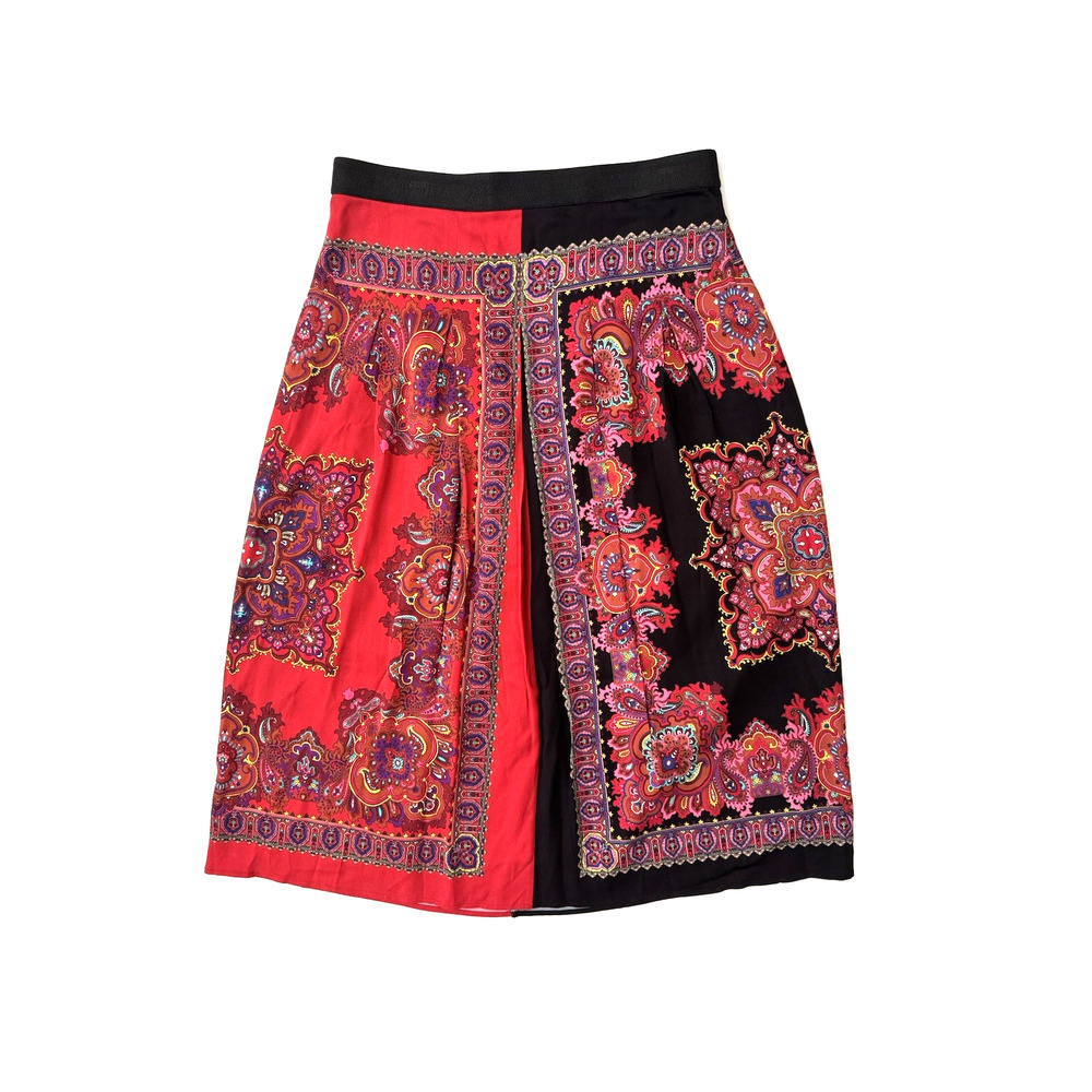 Per Se Midi Skirt 8 Red Black Pink Floral Viscose Spandex Silky Lined Pleat